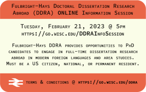 Online information session about Fulbright-Hays Doctoral Dissertation Research Abroad (DDRA) on Tuesday, February 21, 2023