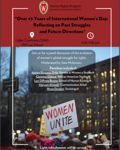 Women Day Flyer portraying "Over 45 years of International Women's Day: Reflecting on Past struggles and Future Directions"