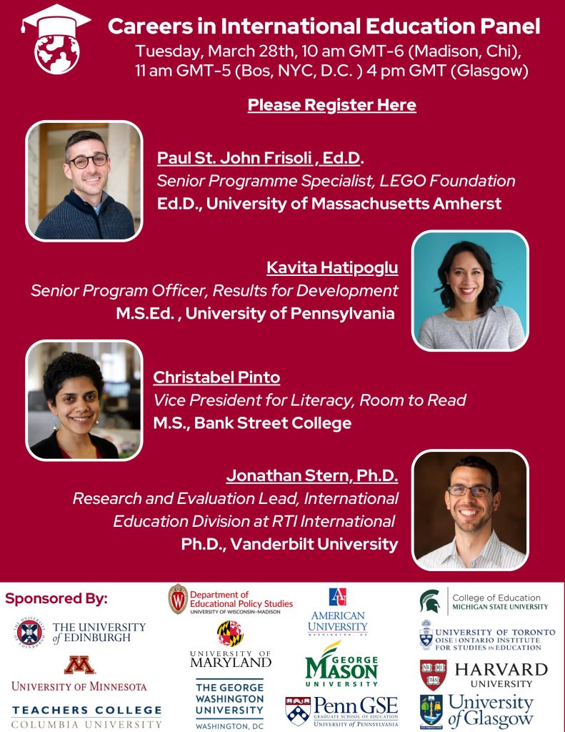 Banner showing panel of Careers in International Education on Tuesday, March 28