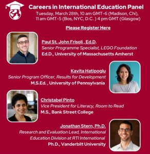Banner showing panel of Careers in International Education on Tuesday, March 28