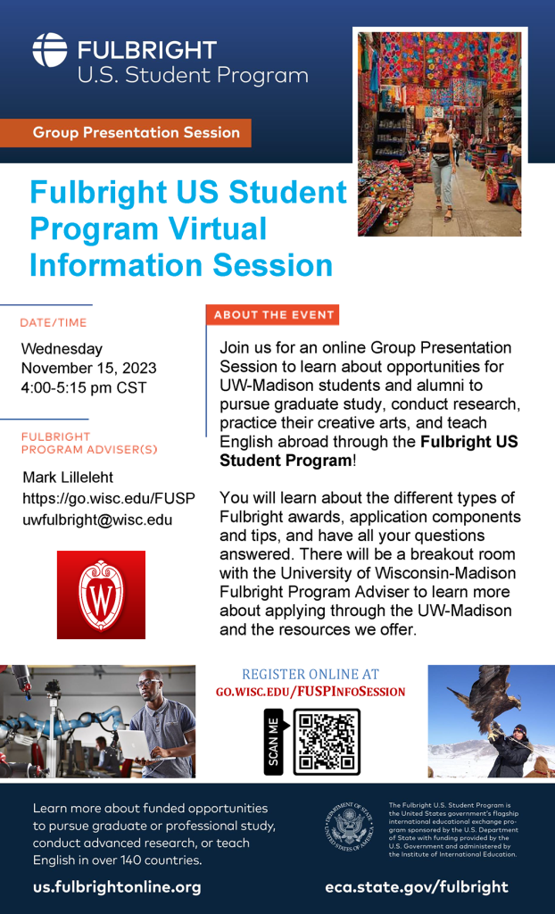 Information Session about Fulbright US Student Program on Wednesday, November 15, 2023