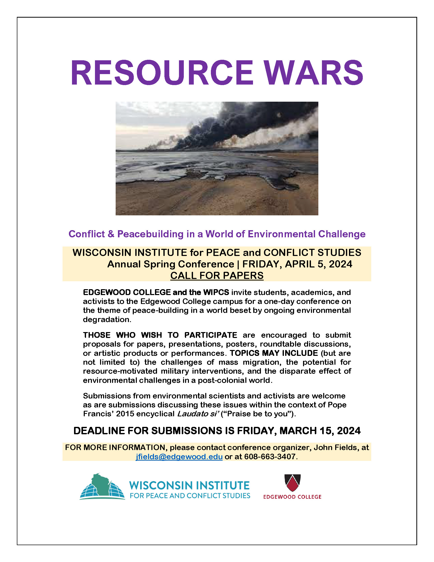 Conflict and Peace building in a World of Environmental Challenge, Deadline Friday, March 15, 2024