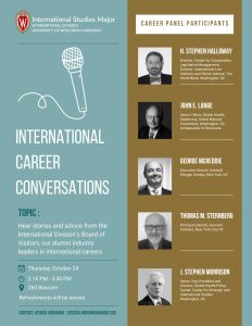 INTERNATIONAL CAREER CONVERSATIONS event poster Hear stories and advice from the International Divisions Board of Visitors, our alumni industry leaders in international careers