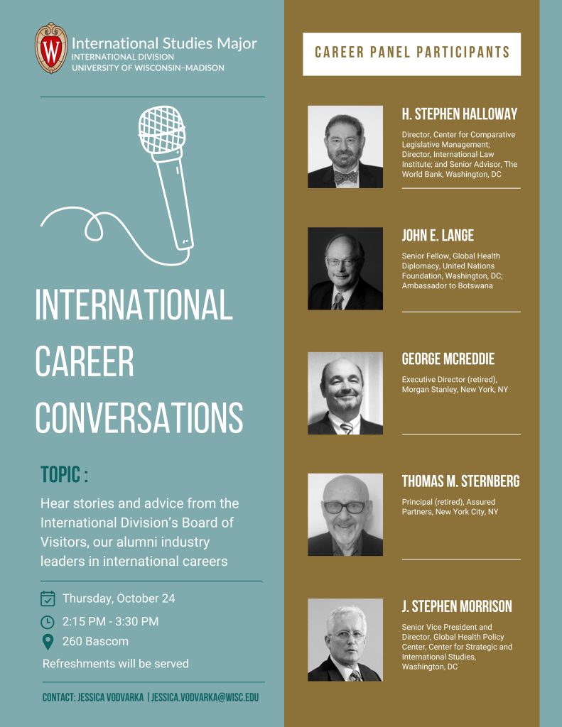 INTERNATIONAL CAREER CONVERSATIONS event poster Hear stories and advice from the International Divisions Board of Visitors, our alumni industry leaders in international careers
