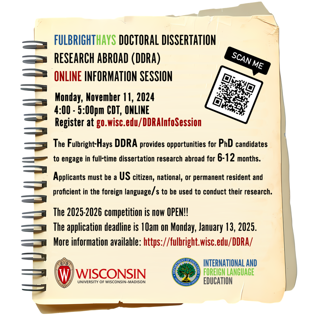 The 2025-2026 Fulbright-Hays Doctoral Dissertation Research Abroad (DDRA) program is open and accepting applications. Attend a virtual info session on 11/11 at 4:00pm CDT to learn more!