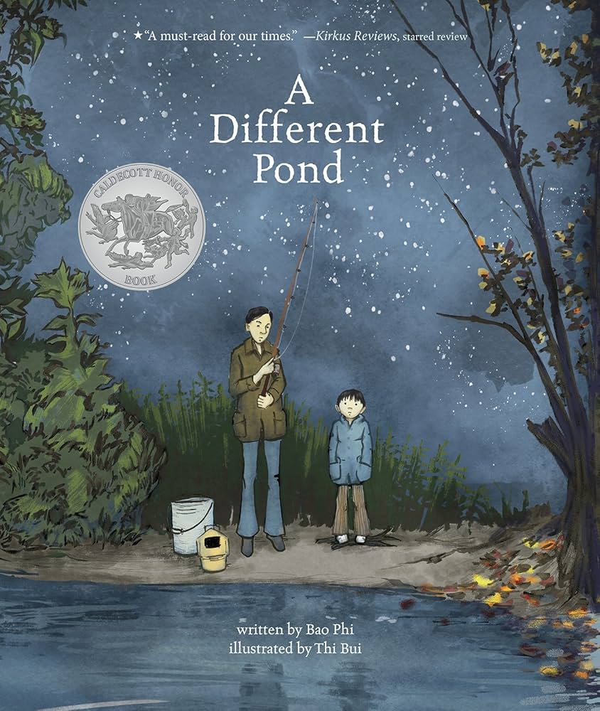 Bao Phi - A Different Pond. A boy and his father fish on a shoreline at night.