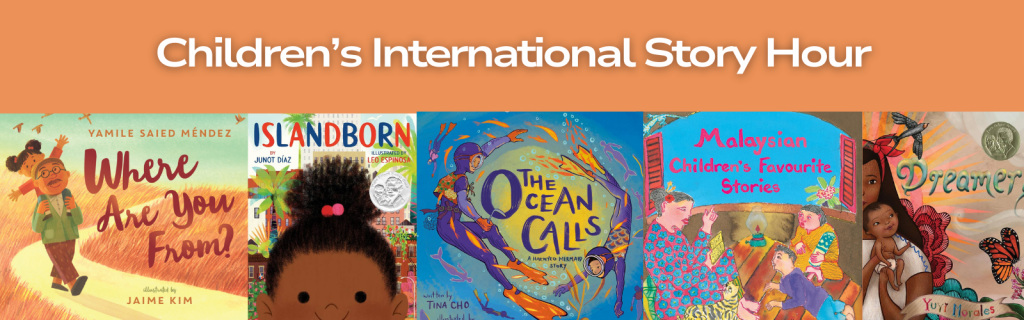 book covers displayed over an orange background, with title at the top: "Children's International Story Hour"