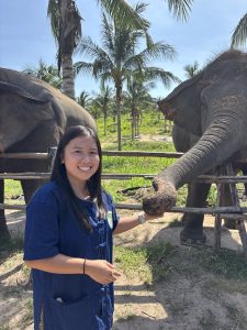 A girl posing with Elephants