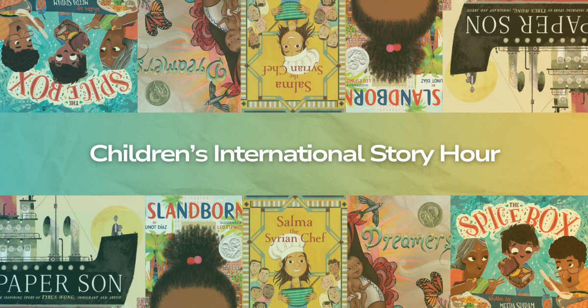 decorative image with text overlay, "Children's International Story Hour"