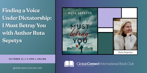 Decorative image with the 'I Must Betray You' book cover, and a headshot of the author, a blond woman wearing white jacket.